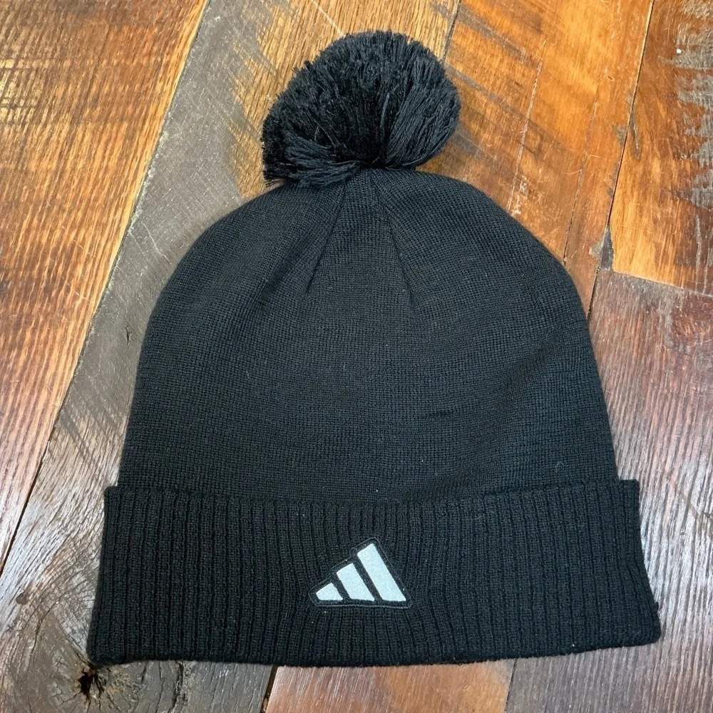 Adidas Black Pom Pom Beanie Hat with Embroidered Logo One Size
